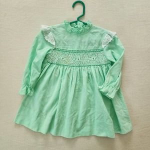 Vintage Sears 70s Smocked Green Dress 3t